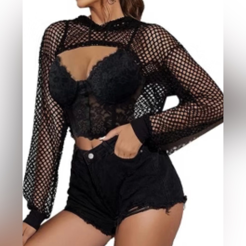 Avidlove fishnet hoodie crop top long sleeve mesh size XL